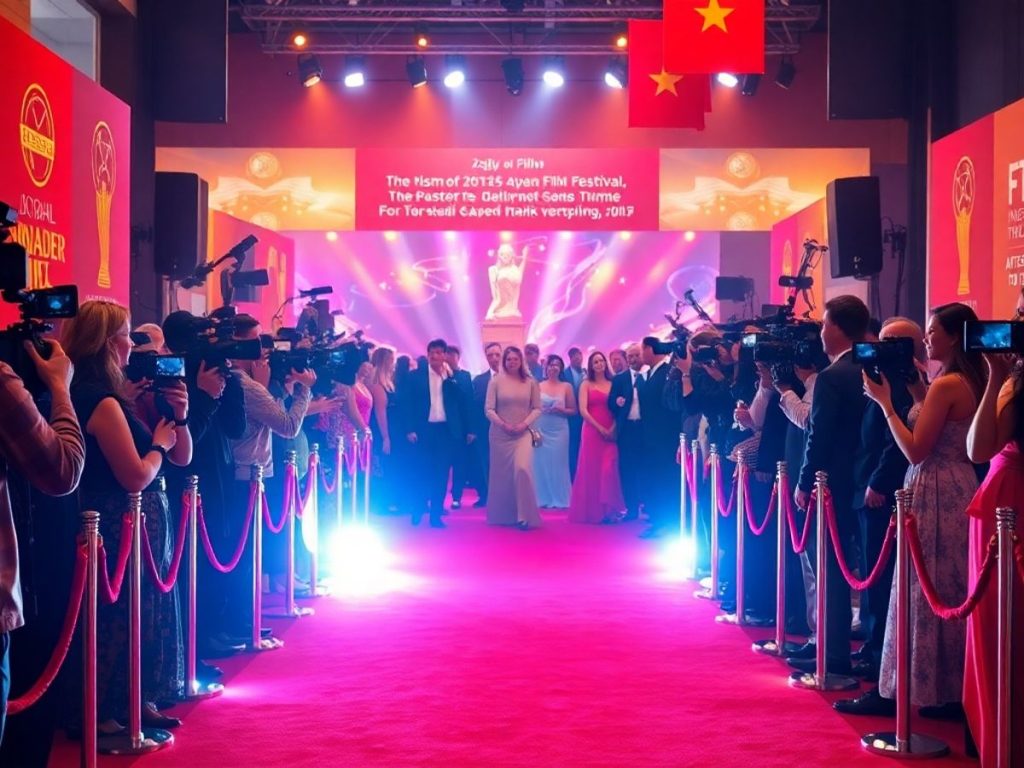 Festival de film cu covor roșu și participanți eleganți.