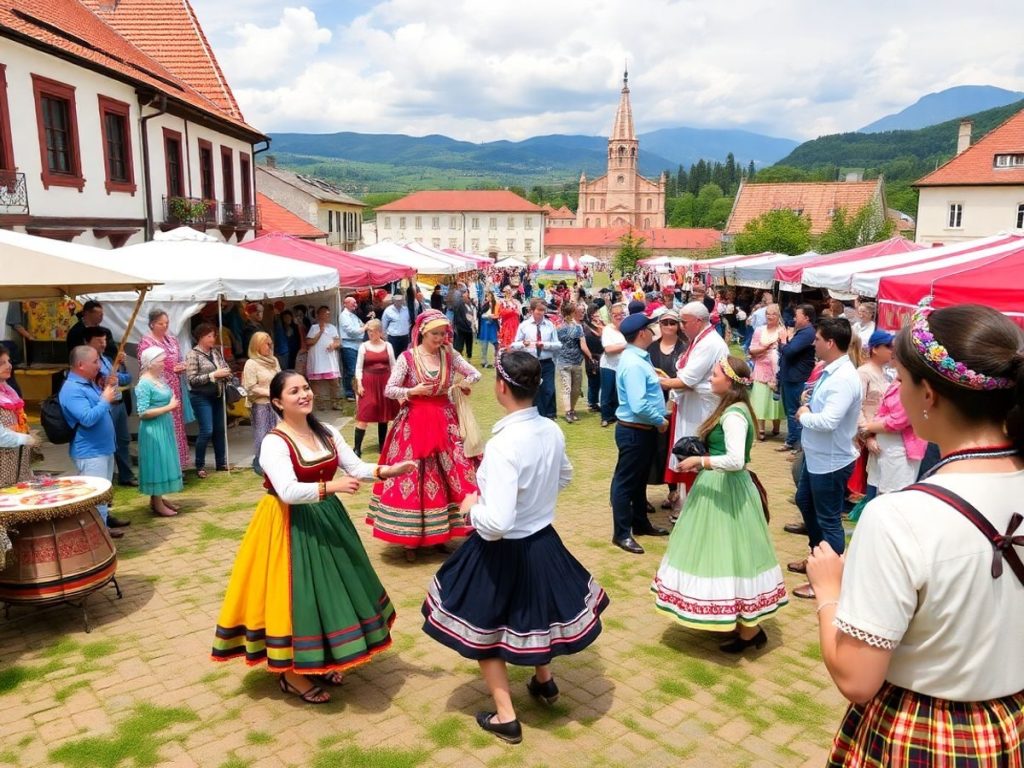 Festival cultural în România, dansatori tradiționali și artiști.
