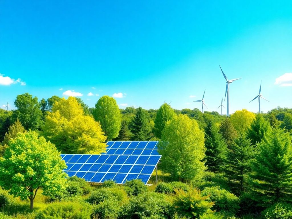 Peisaj verde cu panouri solare și turbine eoliene.