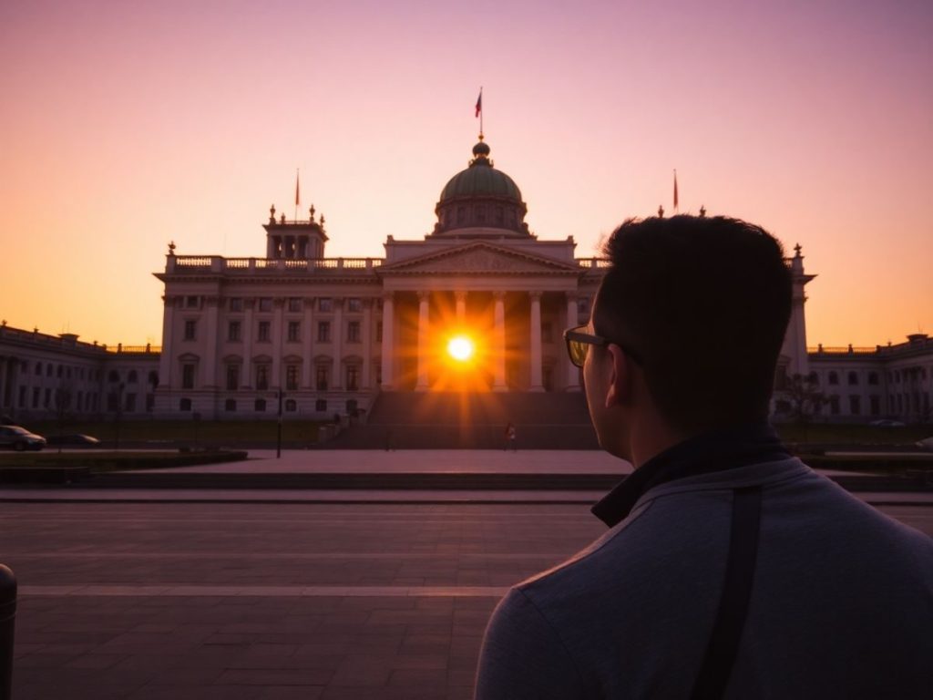 O siluetă în fața Parlamentului României, la apus.