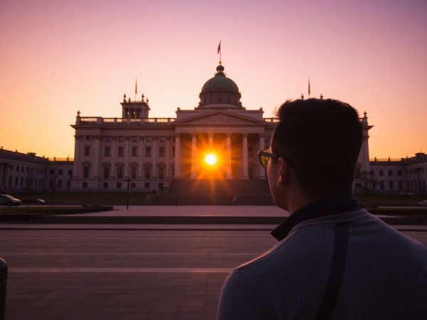O siluetă în fața Parlamentului României, la apus.