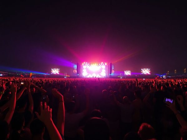 Mulțime vibrantă la festival de muzică, scenă iluminată cu artiști.