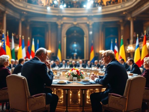 Fotografie cu lideri mondiali la o conferință internațională.