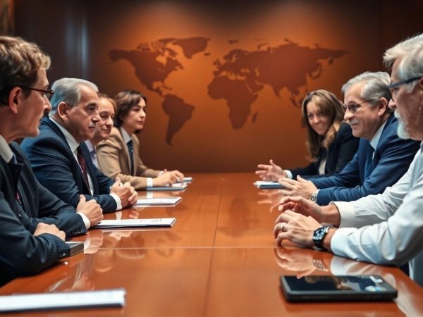 Lideri mondiali discutând la o masă rotunda, cu fundal de hartă.