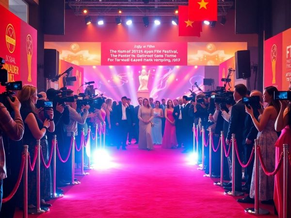 Festival de film cu covor roșu și participanți eleganți.